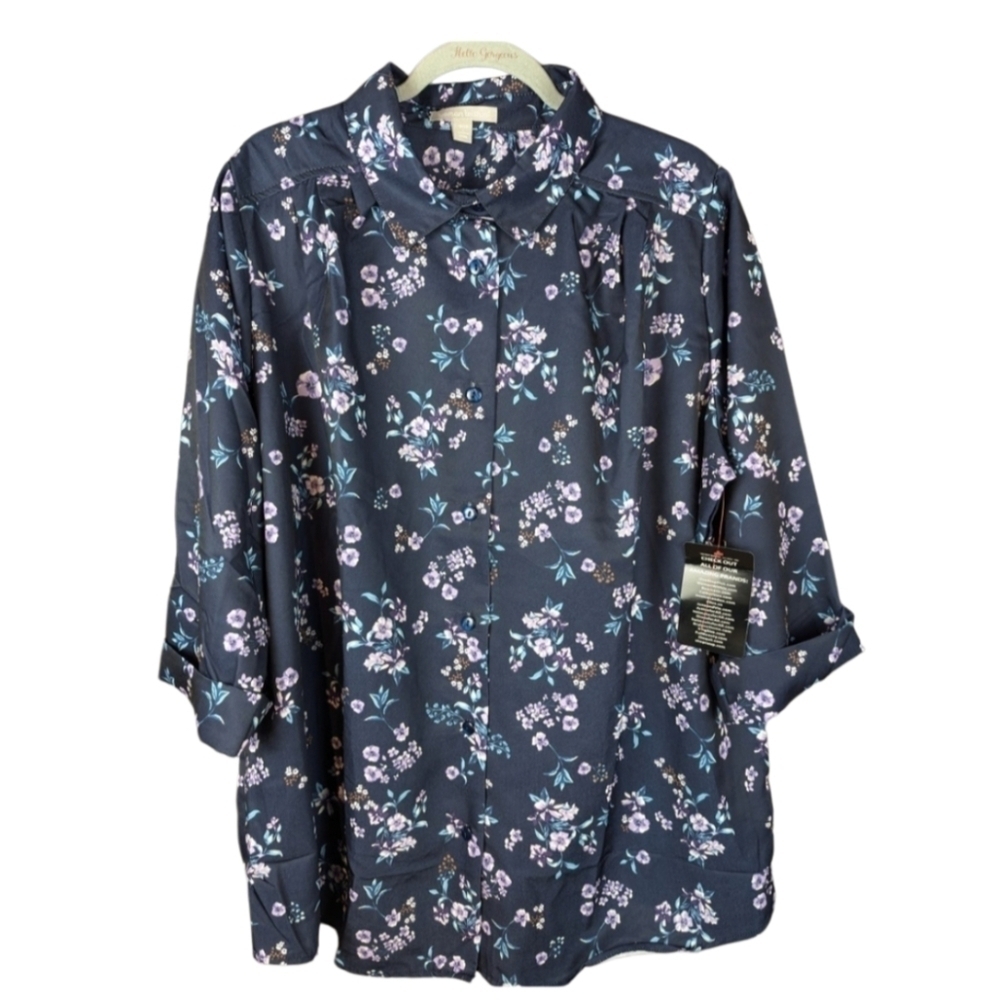 Woman Within large 18/20 blouse navy floral polyester hangs beautifully